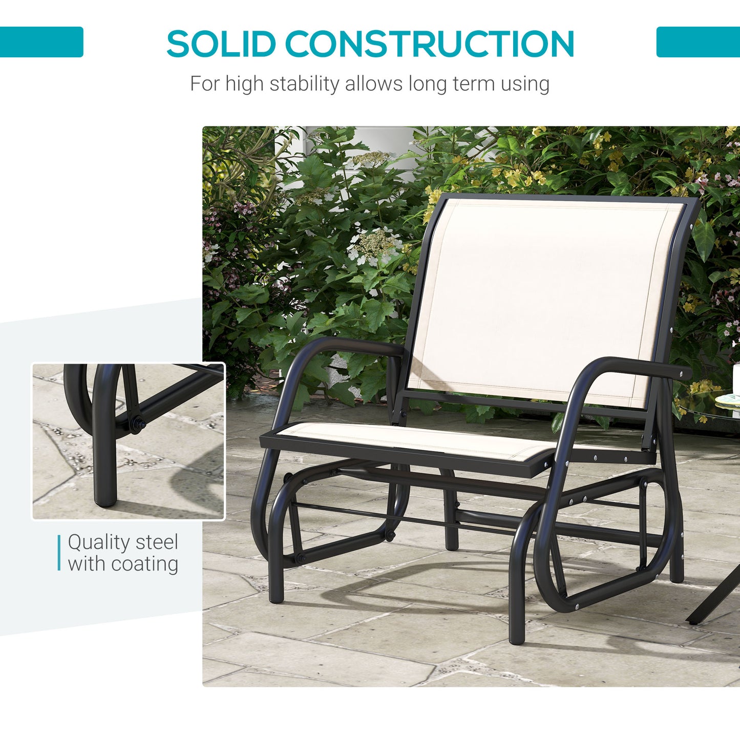 Outdoor Glider Chair - Steel Swing with Curved Armrests, Cream White