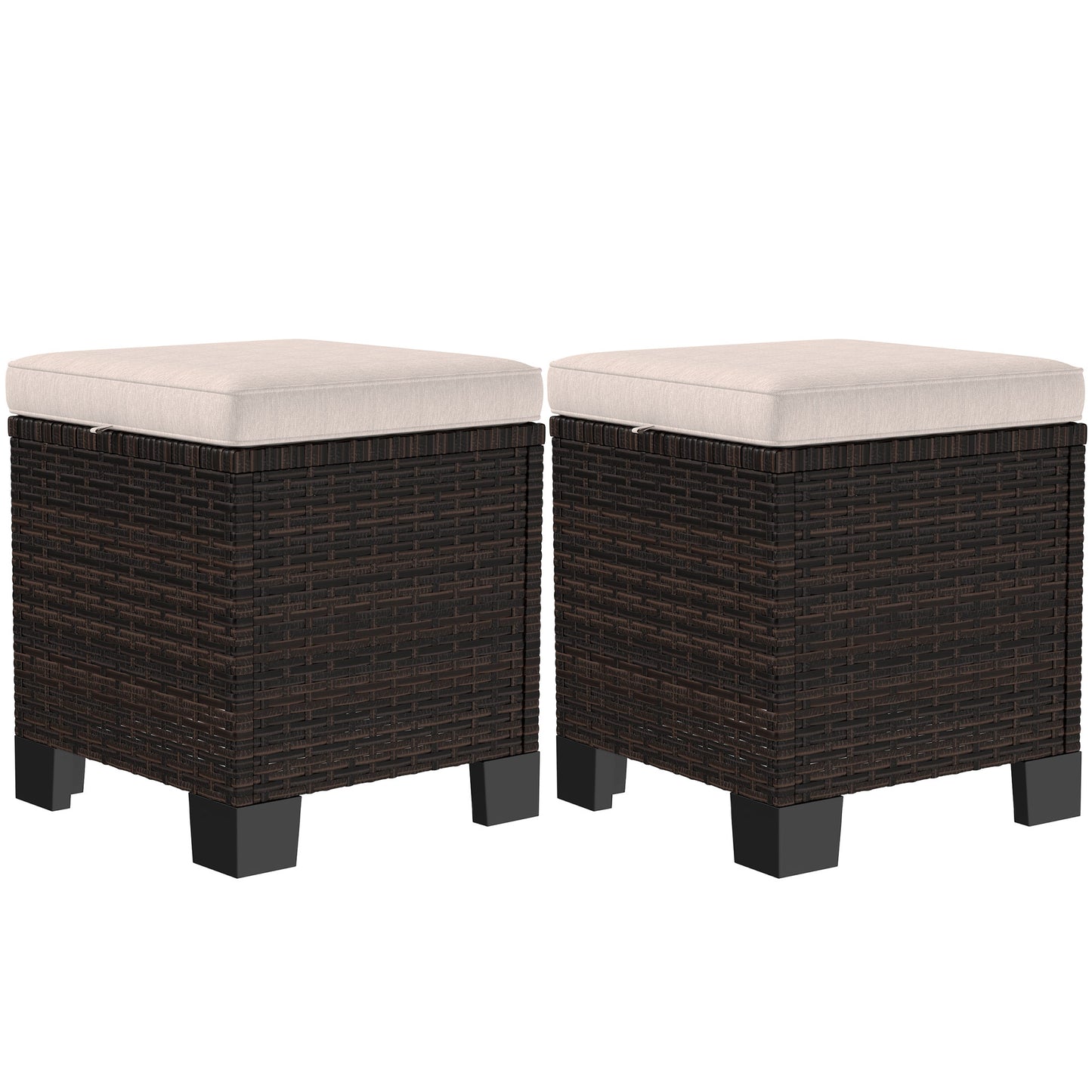 2-Piece Outdoor Wicker Ottoman Set with Cushions - Cream