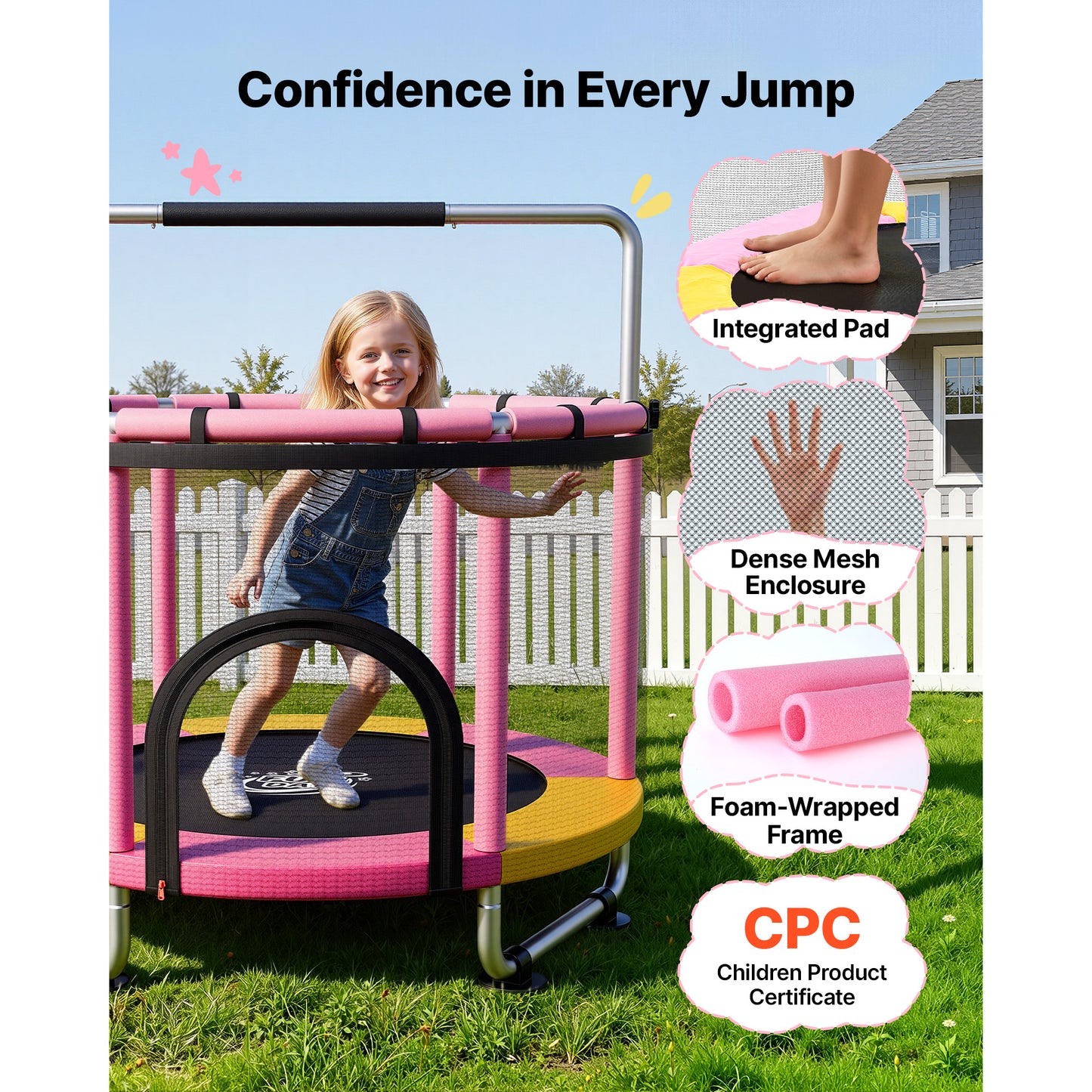 60-Inch Kids Mini Trampoline with Enclosure & Adjustable Bar - Indoor Outdoor Play Toy