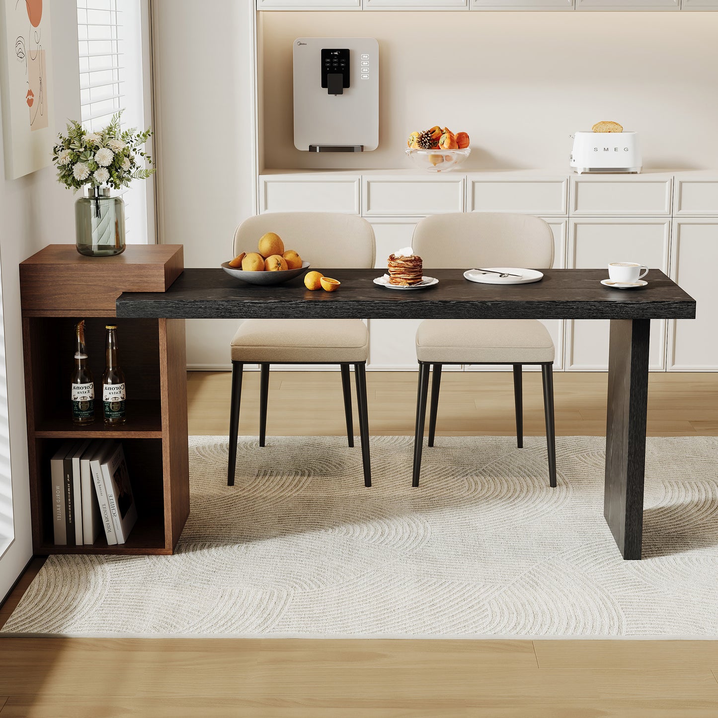 Modern Two-Tone Sofa Side Table - Black & Walnut MDF with 2-Tier Storage