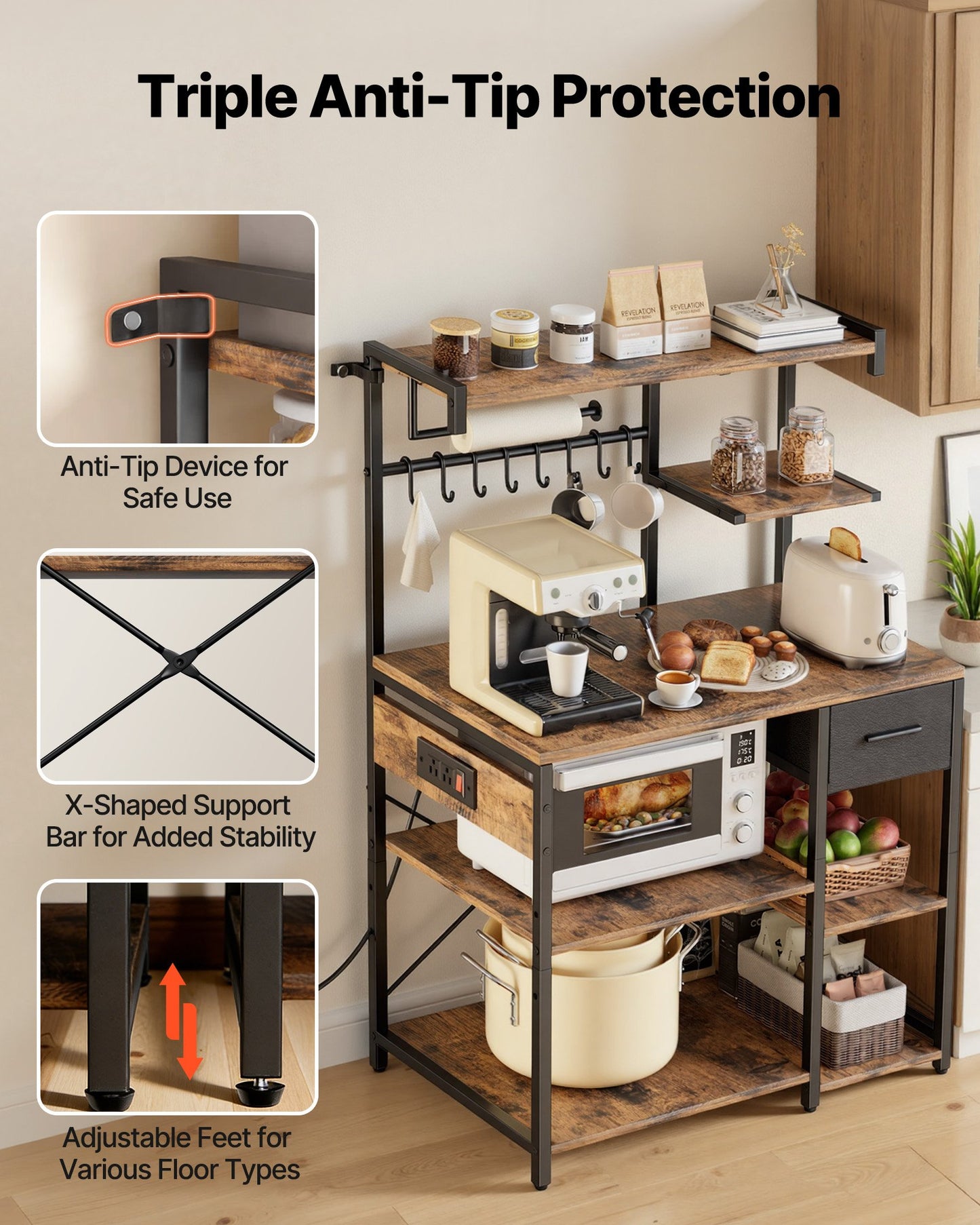 4.6ft Kitchen Bakers Rack with Power Outlet and Hooks - Black