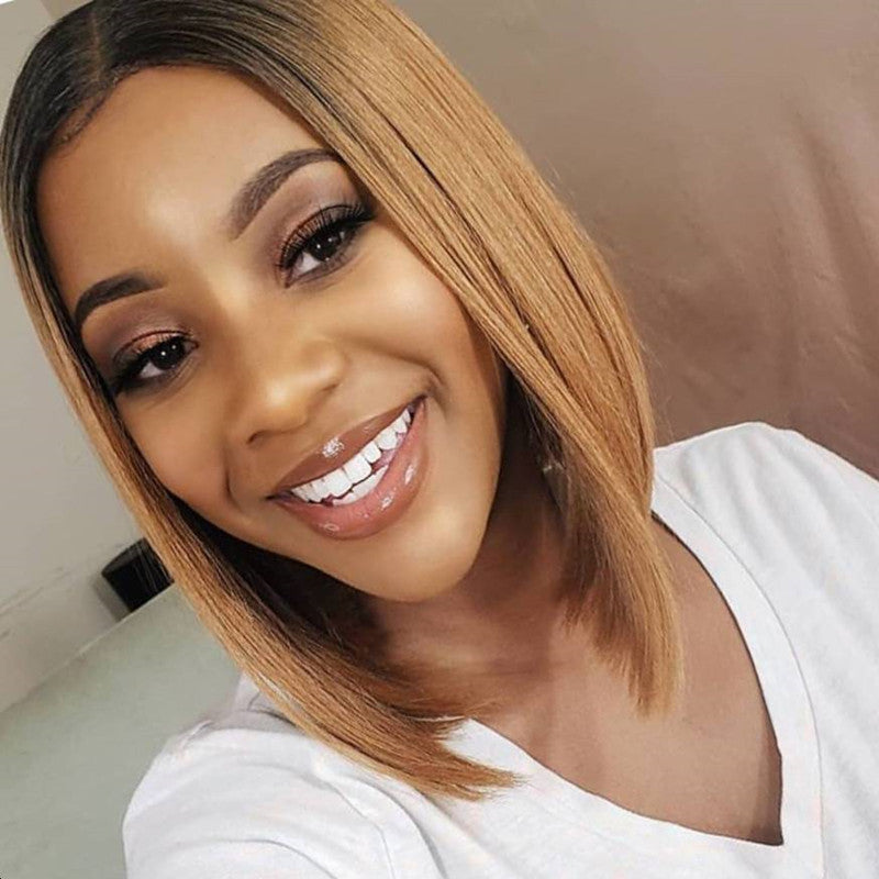 12 Inch Short Gradient Honey Blonde Human Hair Wig - Pre-Colored Lace Bob