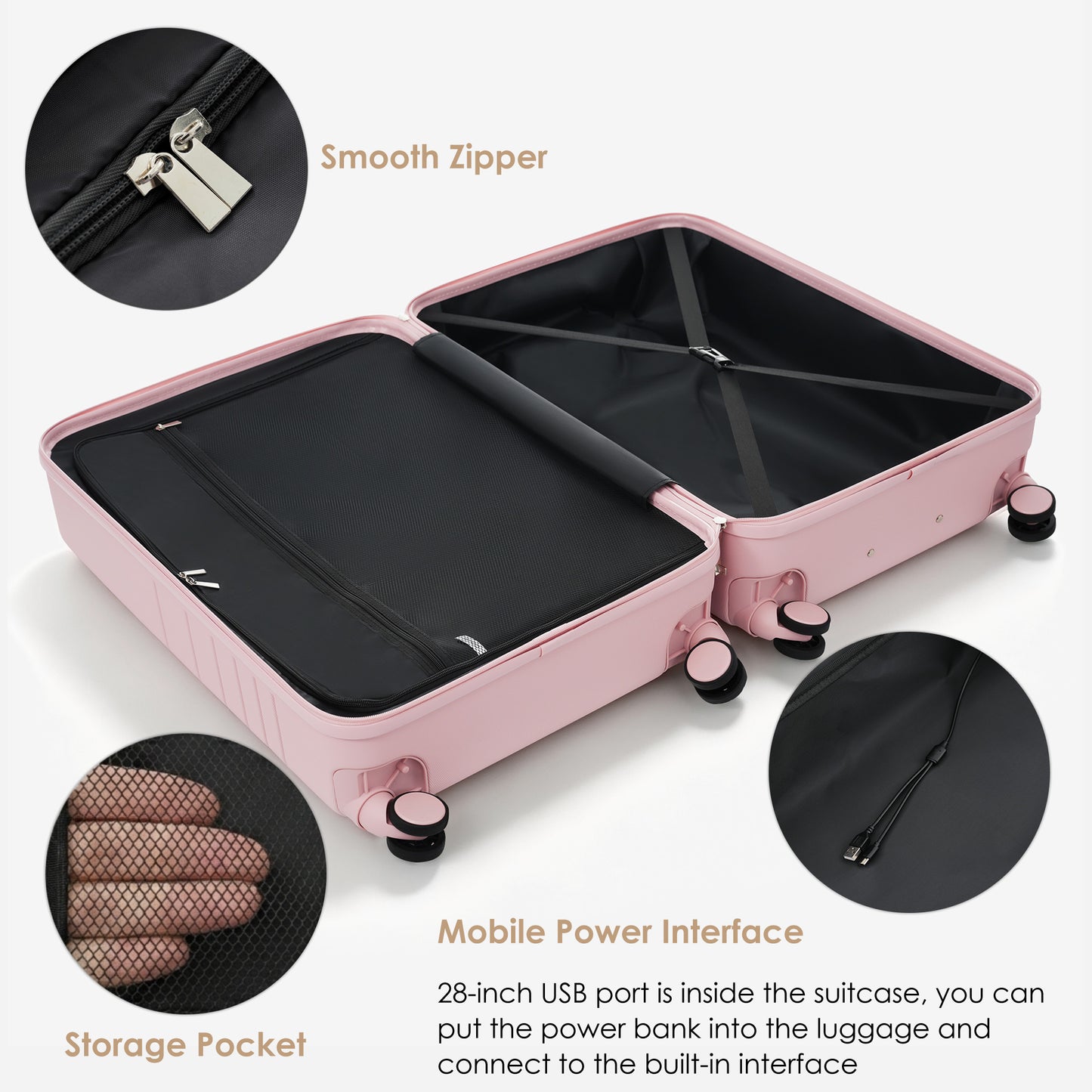 4-Piece Pink Luggage Set with USB Charging Ports & Toiletry Bag