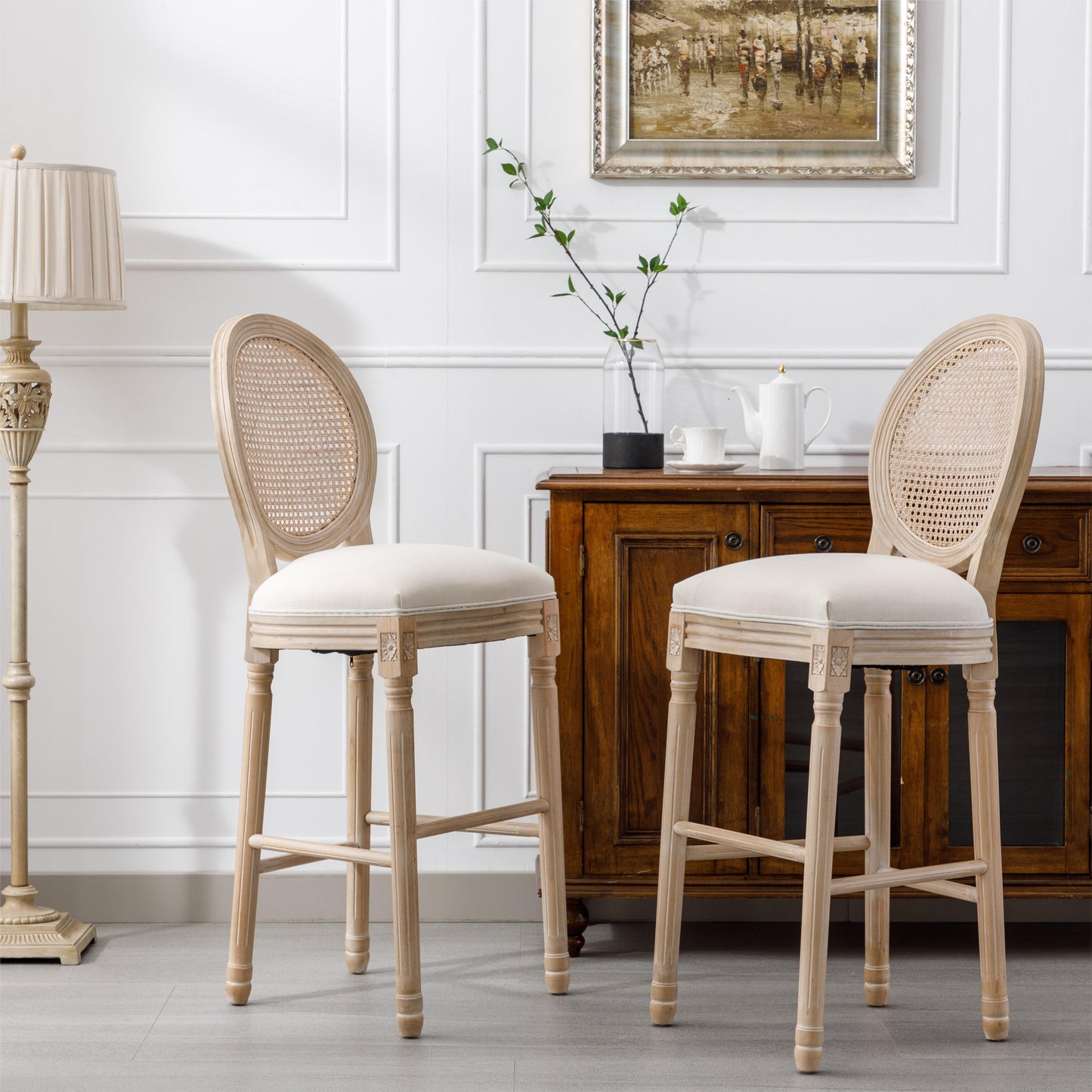French Country Bar Stools - Set of 2 with Rattan Backrest, Beige