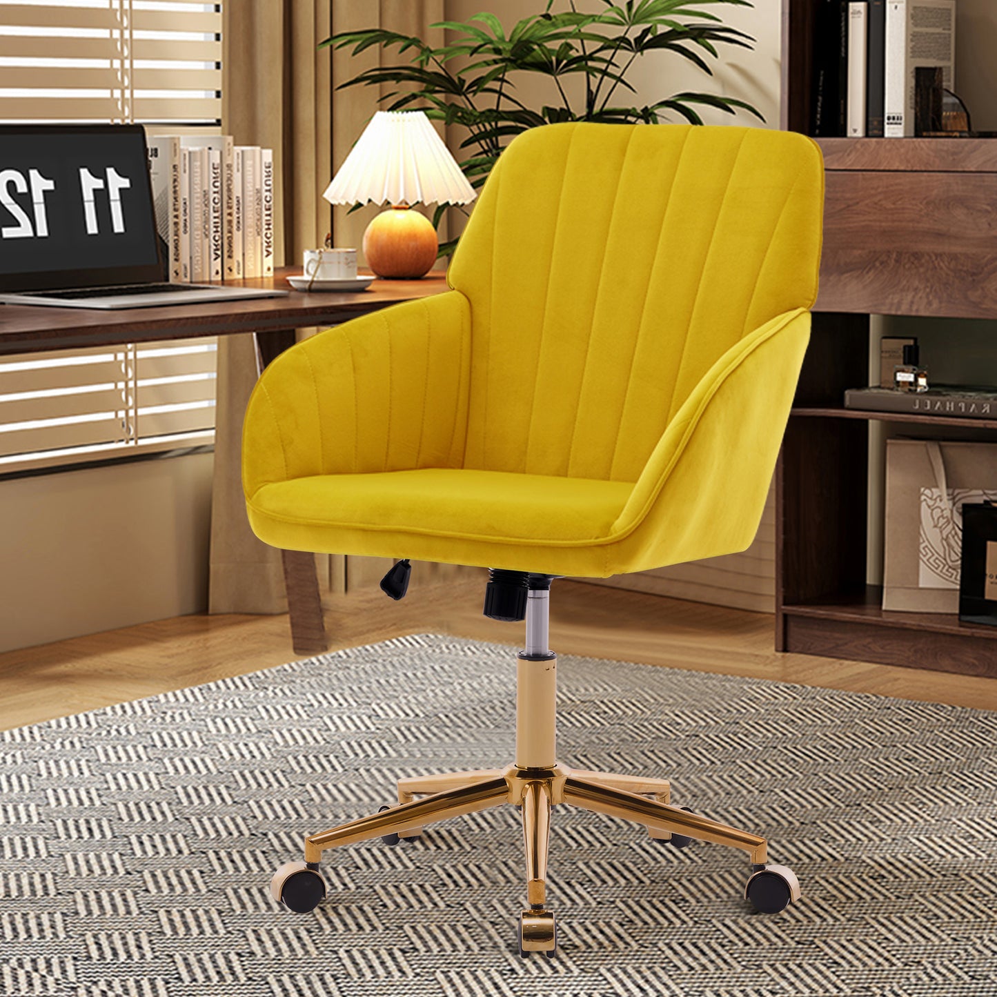 Bright Yellow Velvet Office Chair with Gold Base - TY Model