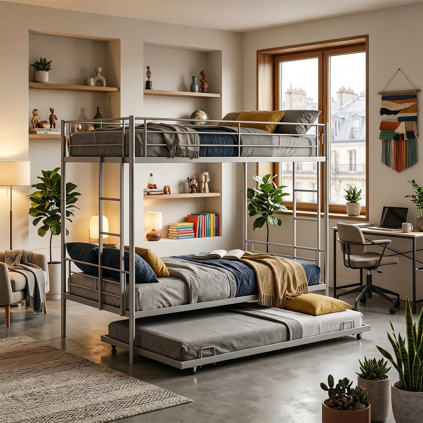 Twin Over Twin Bunk Bed with Trundle and Safety Rails