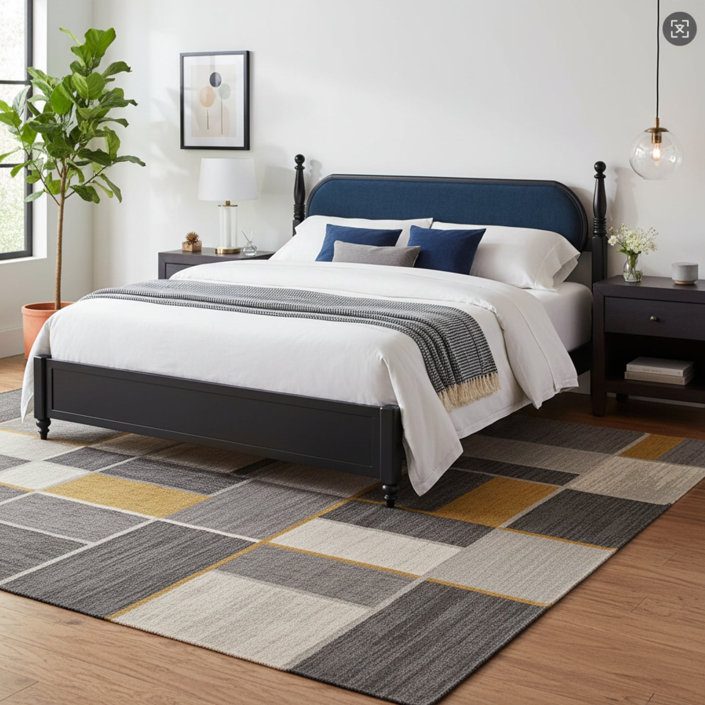 King Bed Frame - Solid Wood Platform, Modern Navy Blue & Black