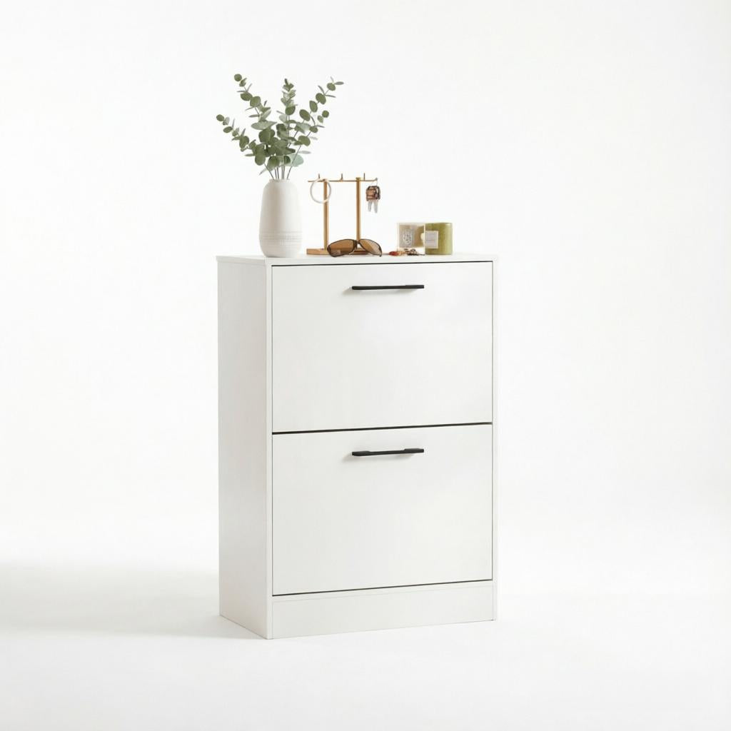 Shoe Cabinet with 2 Flip Drawers & Adjustable Dividers - White