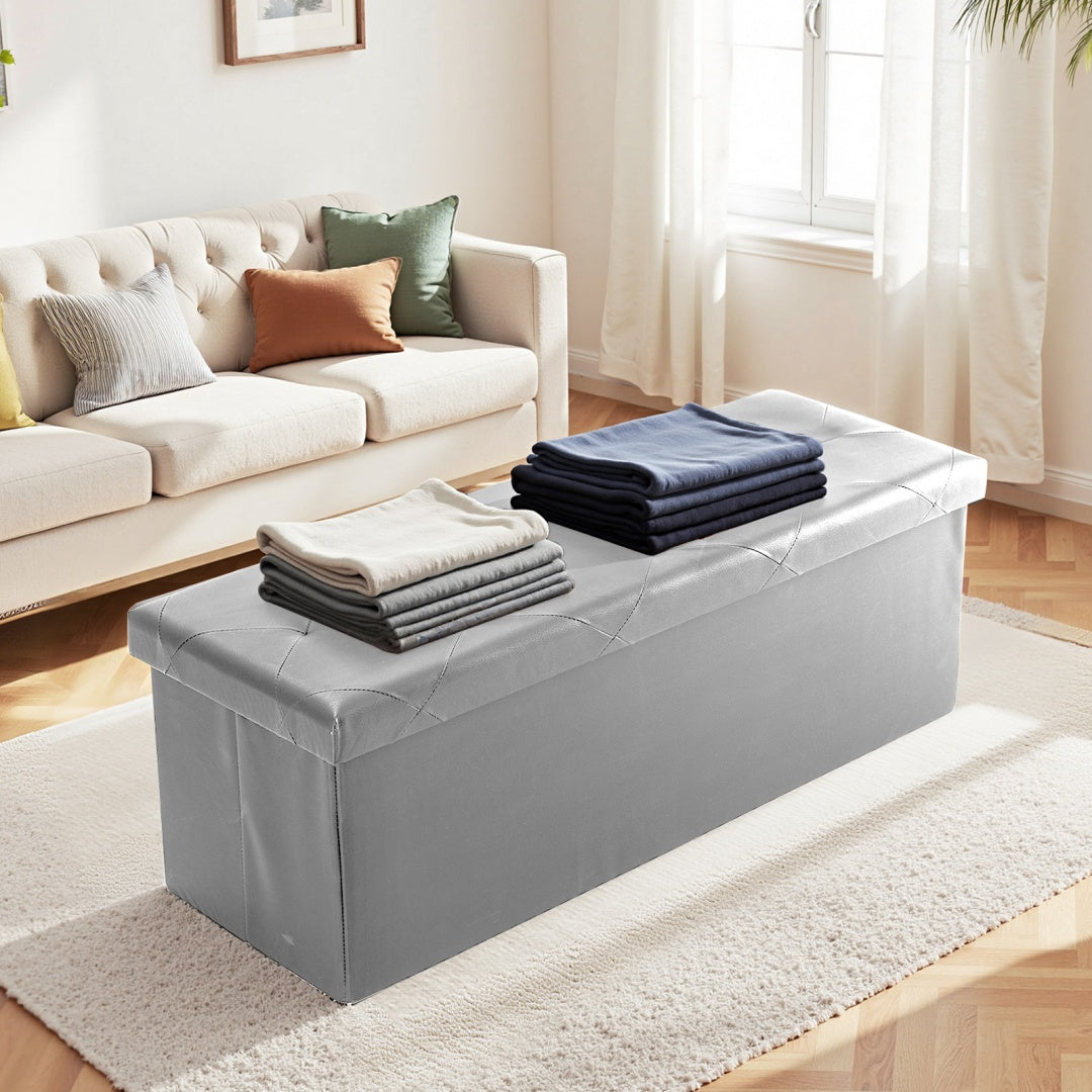 43-Inch Foldable Storage Bench - Grey PVC, 660 lb Capacity