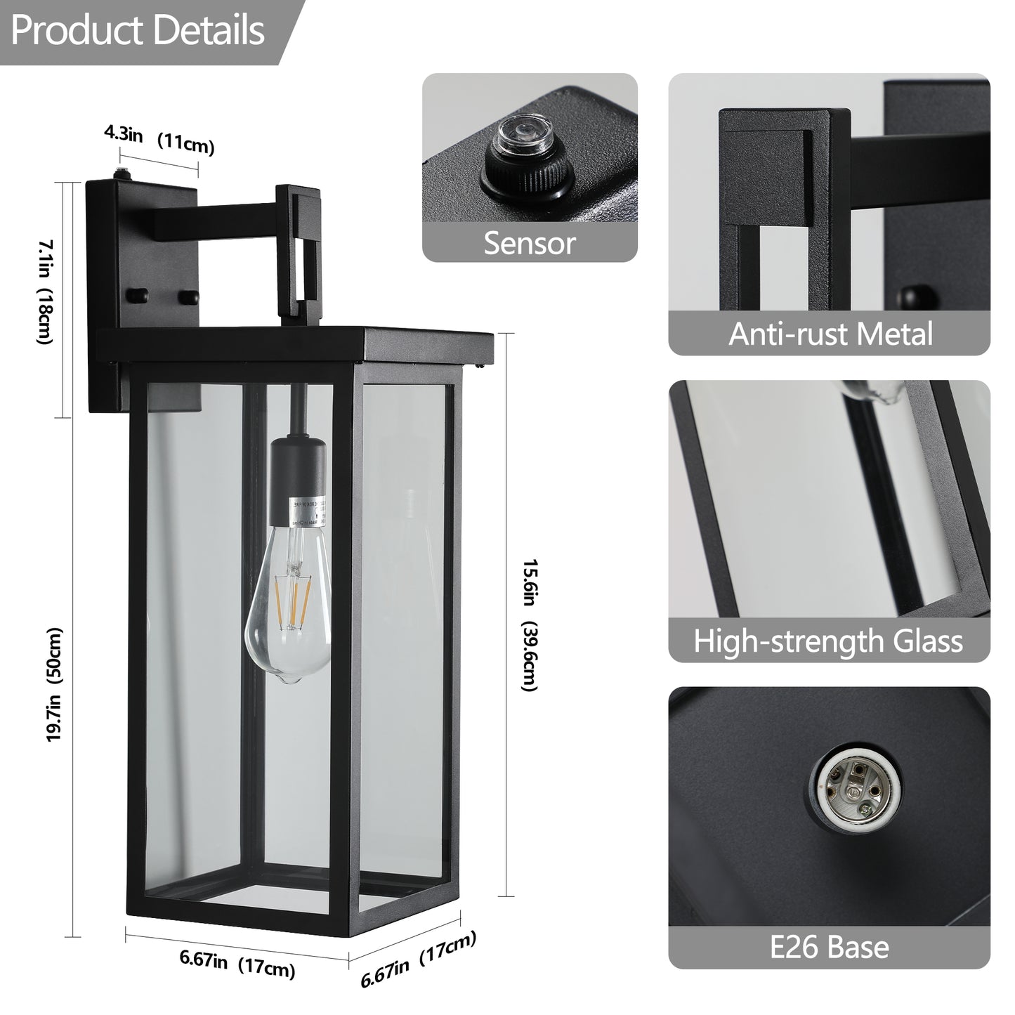 Modern Outdoor Wall Lanterns - Black Metal Frame - Set of 2