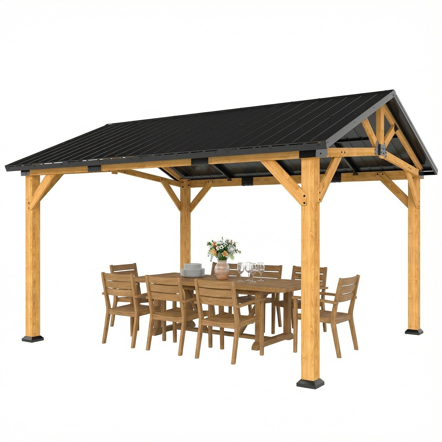 Hardtop Gazebo Canopy with Metal Roof & Fir Wood Frame - Black Gray