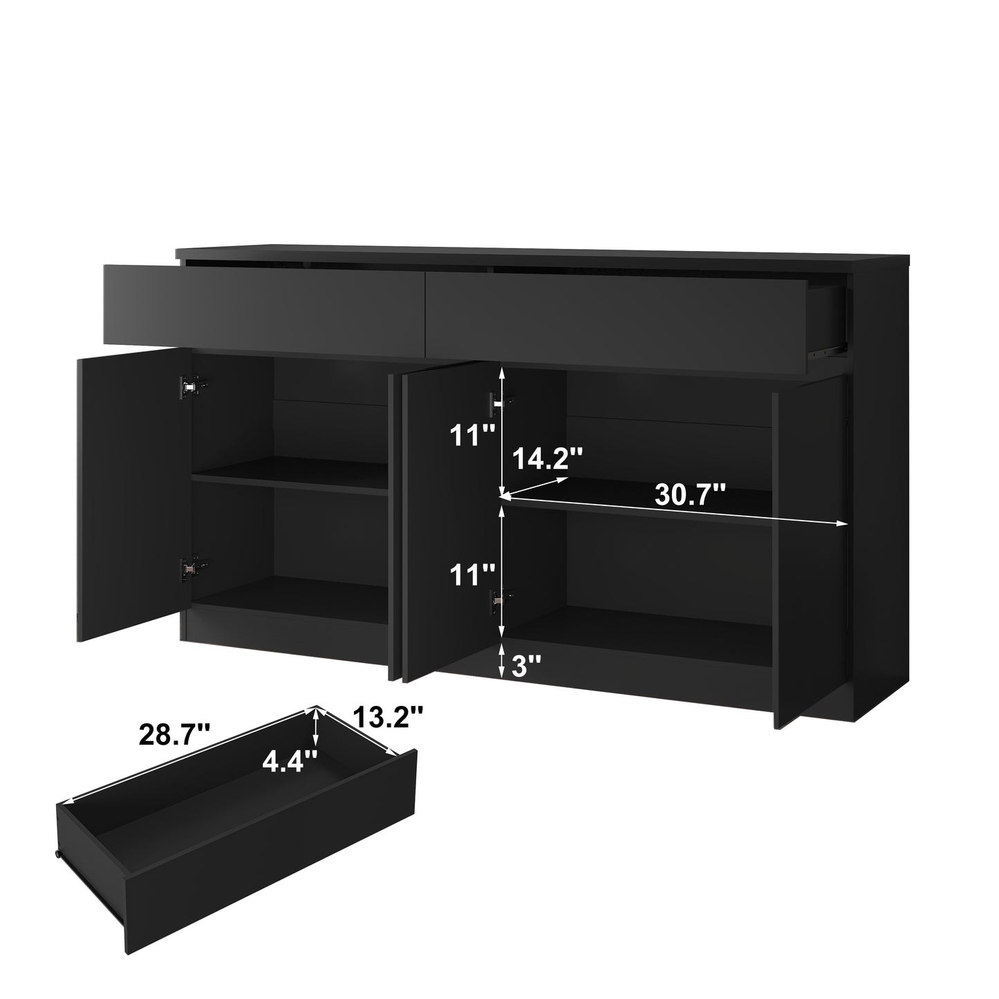Large Black Sideboard Buffet Cabinet with Storage & 2 Drawers