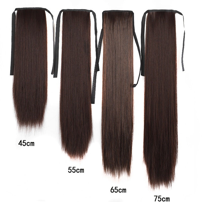 Long Straight Human Hair Wigs with Lace-Up Ponytail - Natural Black & Brown