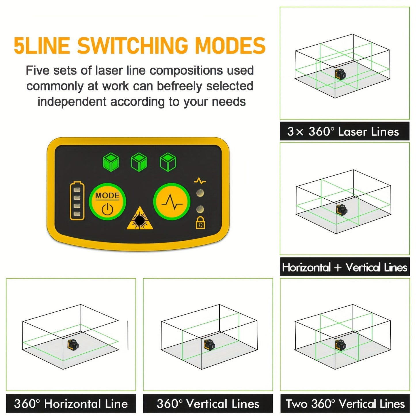 Self Leveling Laser Level Tool with 3x360° Green Lines, Magnetic Base, Rechargeable Battery, Model LL 3DG