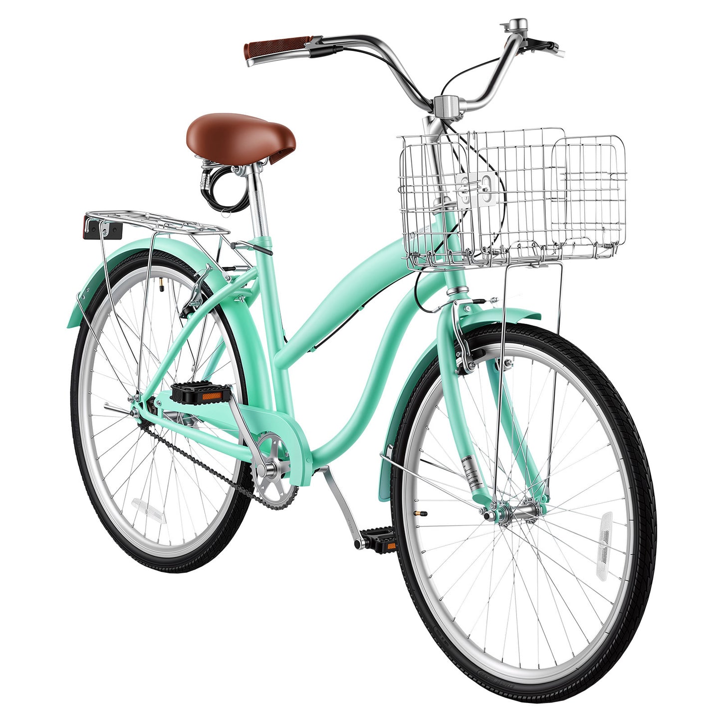 Women’s 26 Inch Beach Cruiser Bike - Single-Speed City Bicycle with Steel Frame, Basket & Rear Rack
