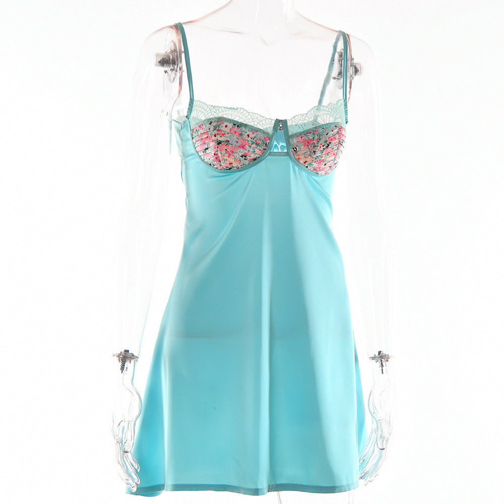 Lace Splicing Sling Short Dress with Low-Cut Design