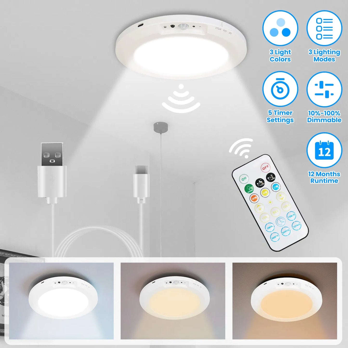 Rechargeable Magnetic Ceiling Light with Motion Sensor and Remote Control — Dimmable, 3 Color Temperatures