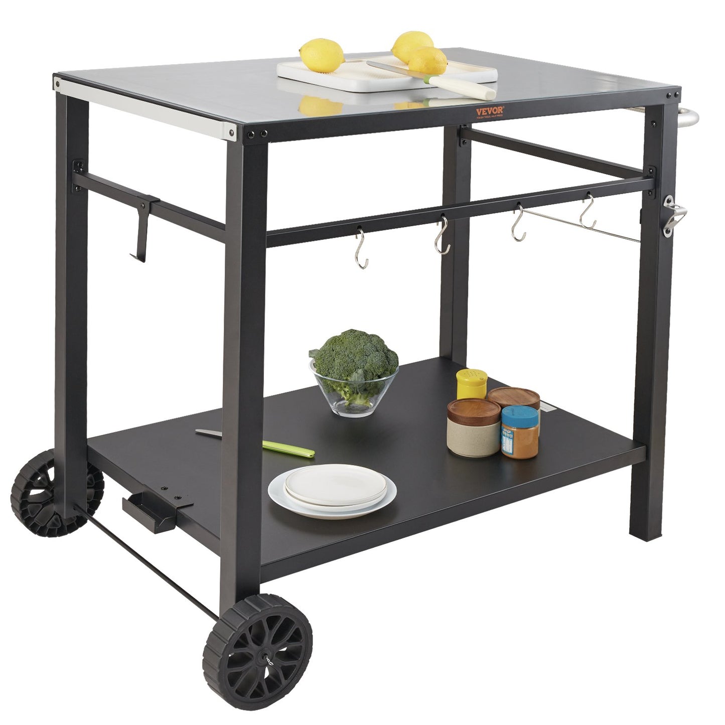 Portable BBQ Food Prep Table with Double Shelves - Black