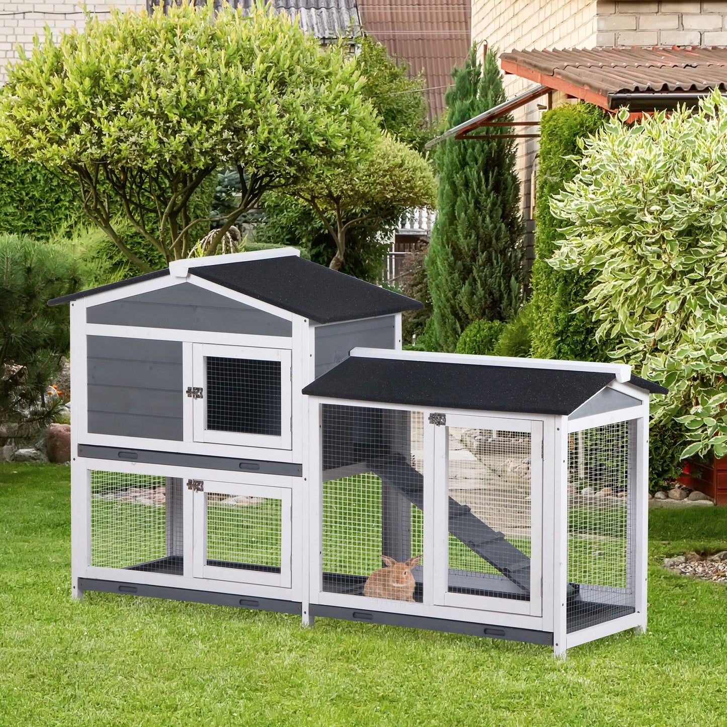 2-Tier Wooden Rabbit Enclosure with Ramp - Indoor Outdoor Pet House & Run