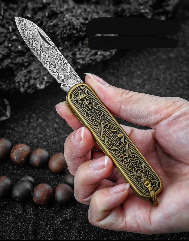 Mini Folding Damascus Steel Pocket Knife with Rose Pattern - Portable and Sharp