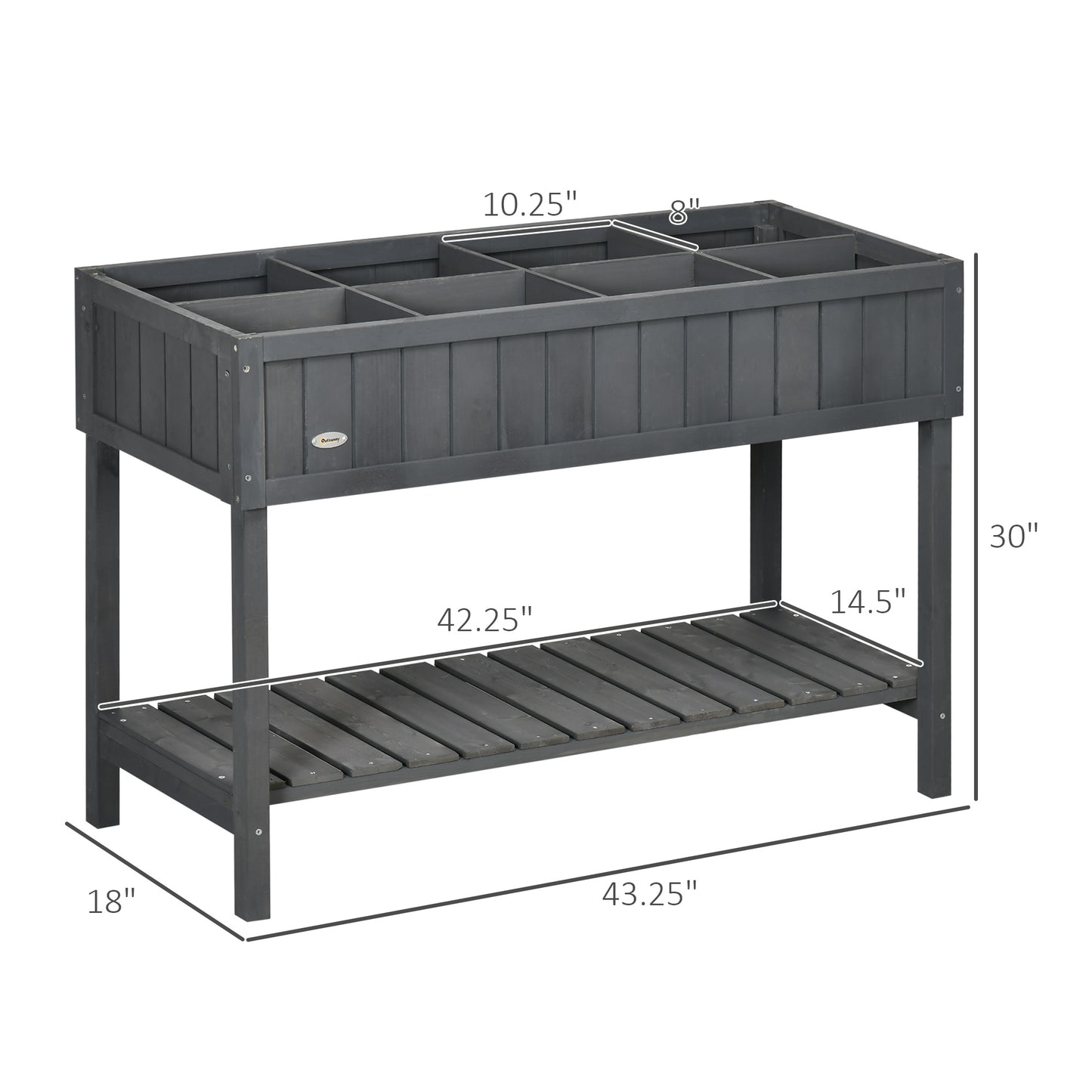 Wooden Raised Garden Bed with 8 Planter Boxes and Open Shelf - Dark Gray