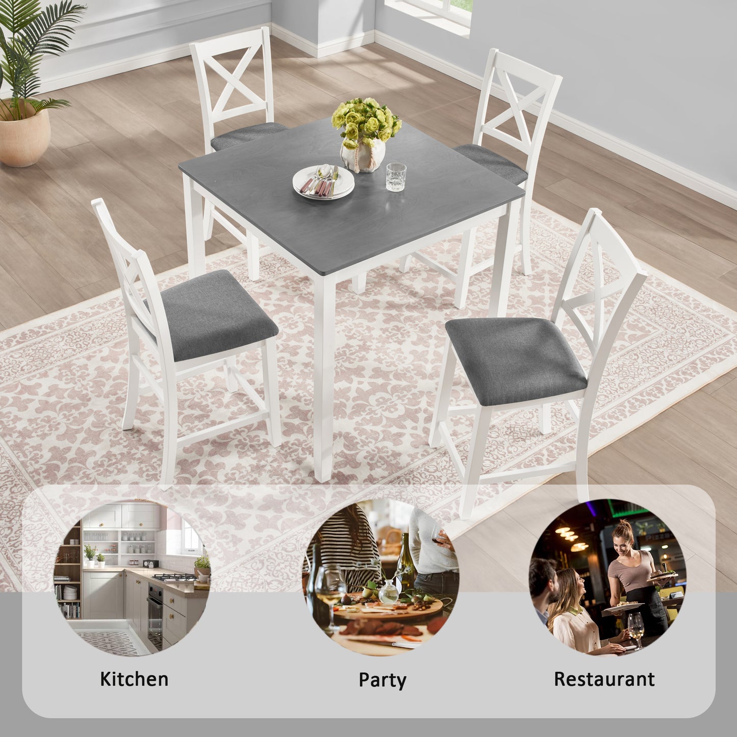 Counter Height Dining Table Set with 4 Chairs - Grey & White