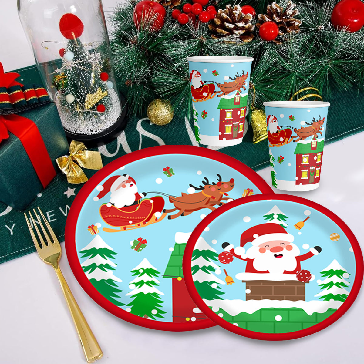 Christmas Paper Plates and Cups Set for 10 Guests - Santa & Elk
