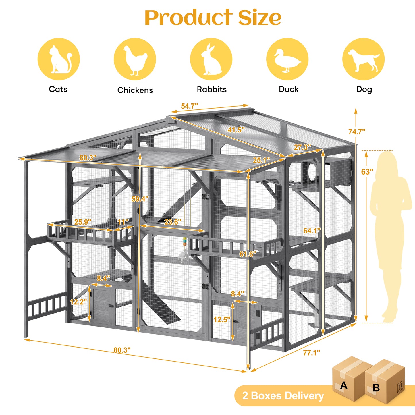 Outdoor Cat Enclosure with 6 Platforms Climbing Ramp & Resting Box for Multiple Cats - Grey