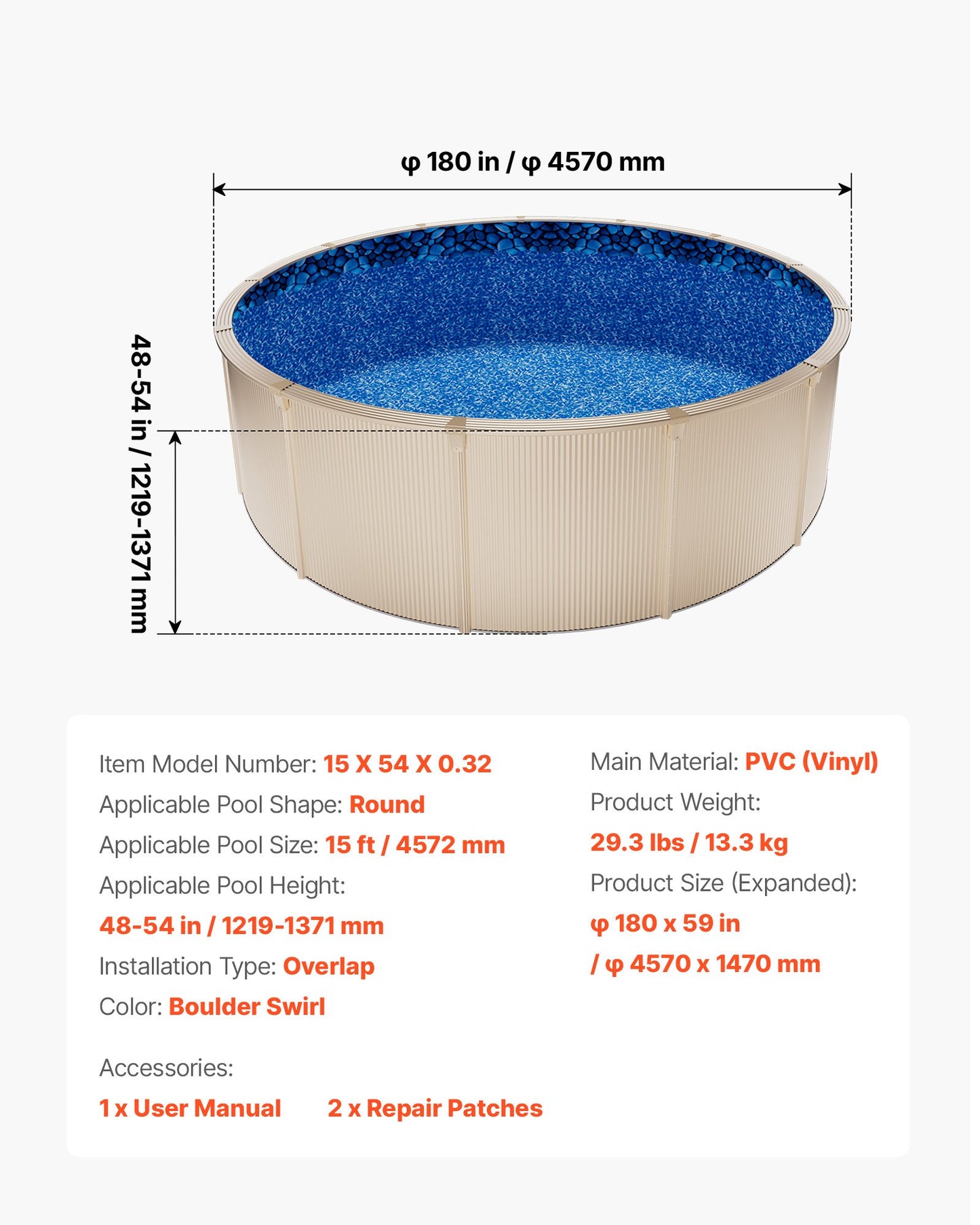 15ft Round Pool Liner for Above-Ground Pools - Premium Vinyl, Easy Install