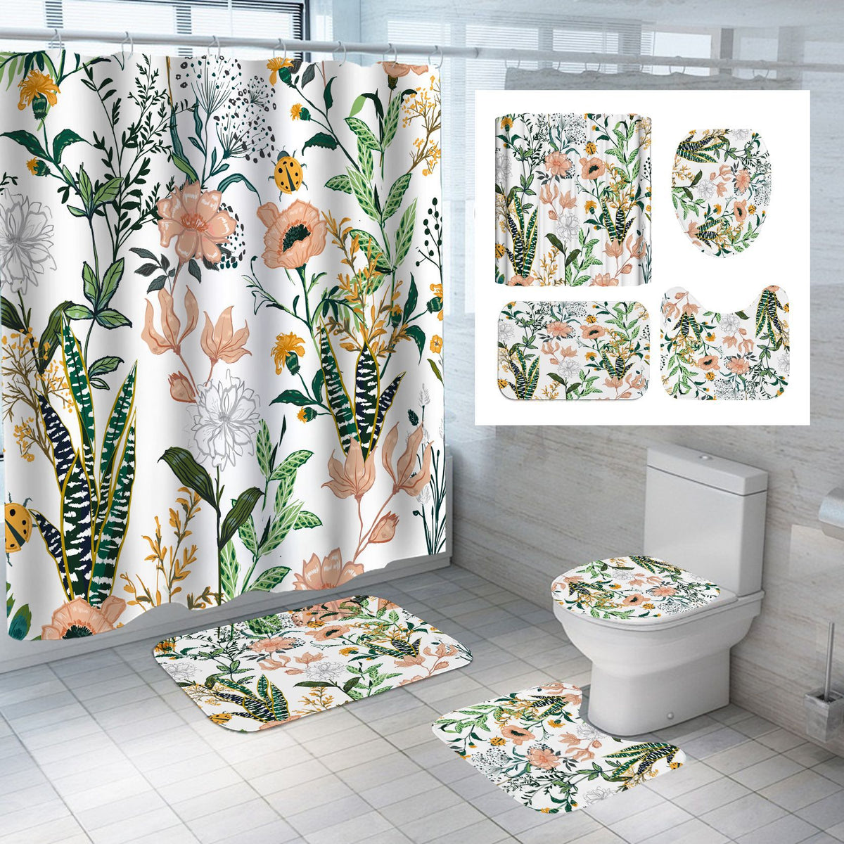 Succulent Flower and Grass Shower Curtain - Digital Printing Bathroom Decor