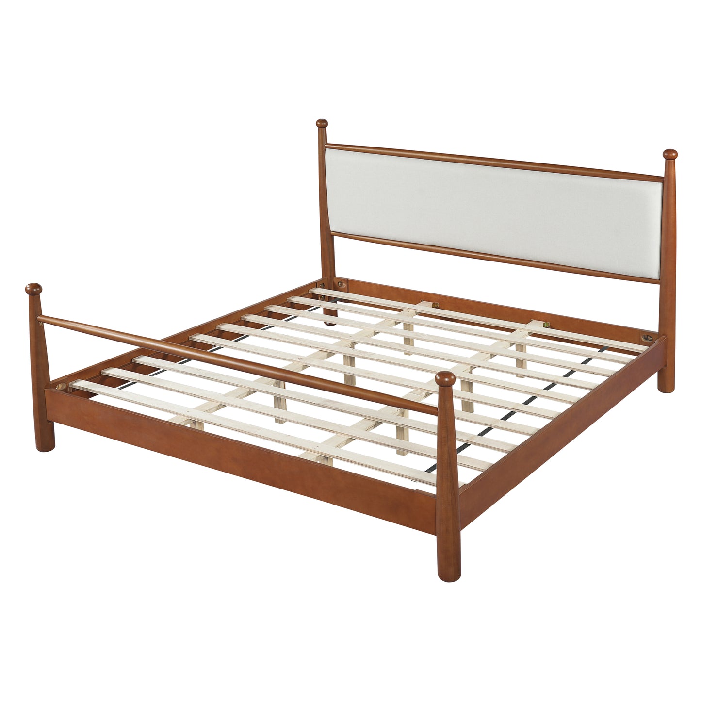 King Bed Frame with Upholstered Headboard - Solid Poplar & Plywood - Beige Walnut