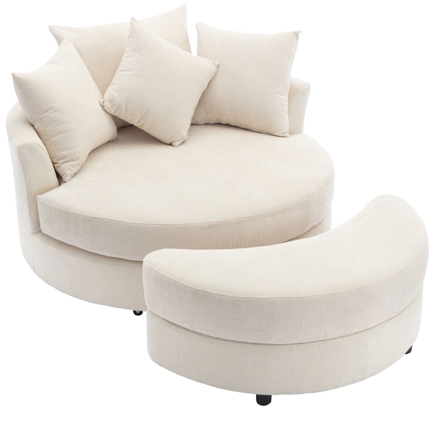 360° Swivel Accent Barrel Chair with Storage Ottoman & 4 Pillows - Cream