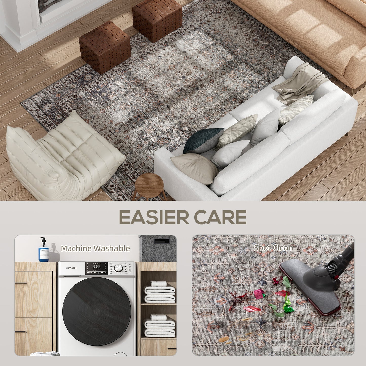Machine Washable Area Rug 8x10 - Dark Mixed-Brown Traditional Design