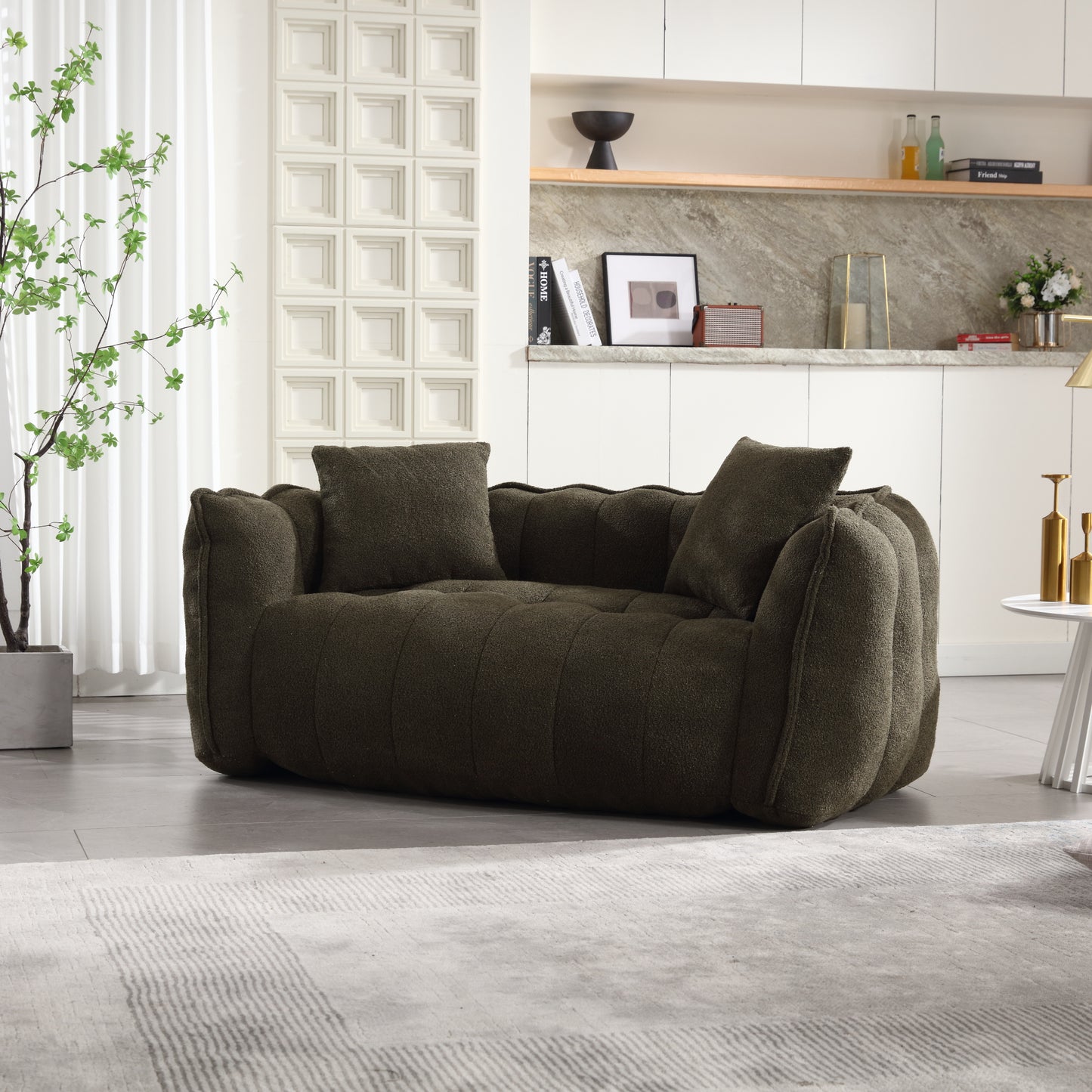 Olive Green Soft Beanbag Chair for Two - Chenille Foam Recliner