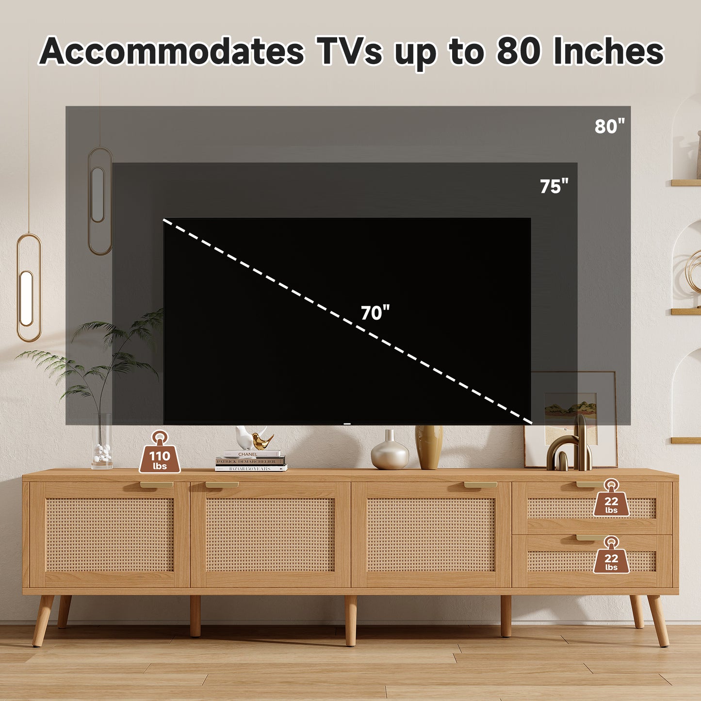 70-Inch Modern TV Stand with Rattan Doors & Storage - Natural Wood