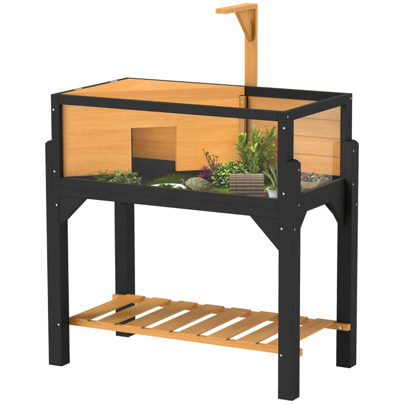 Wooden Tortoise Habitat with Storage Shelf & Clear Windows, Open Top, Lamp Holder