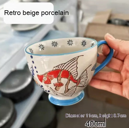Large Capacity Ceramic Breakfast Mug for Milk and Oatmeal - Vintage Style, 400-450ml
