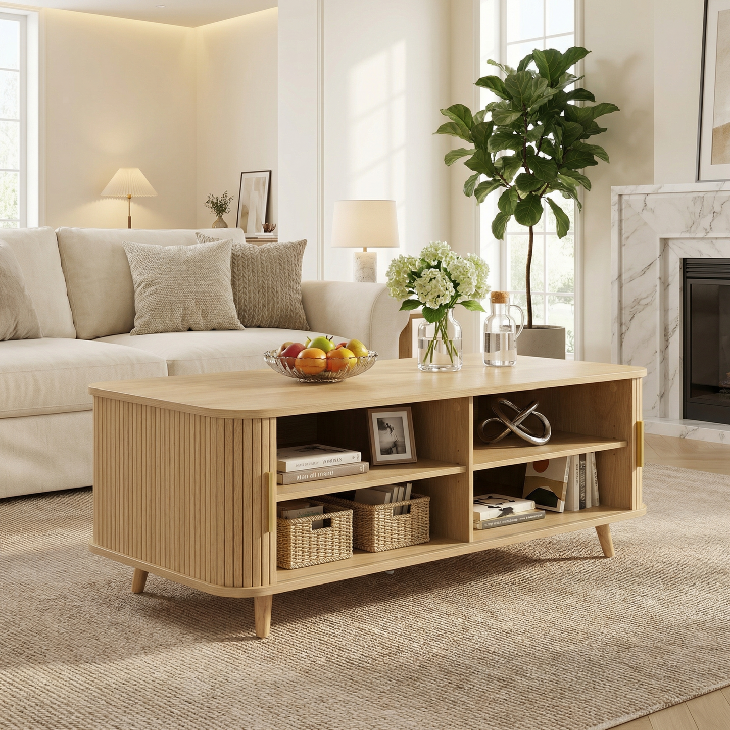 Modern Mid-Century Coffee Table With Storage Natural Wood Finish, 4
