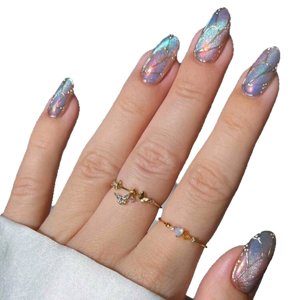 Almond-Shaped Wearable Nail Art Kit - 3D Gold Cat Eye Style