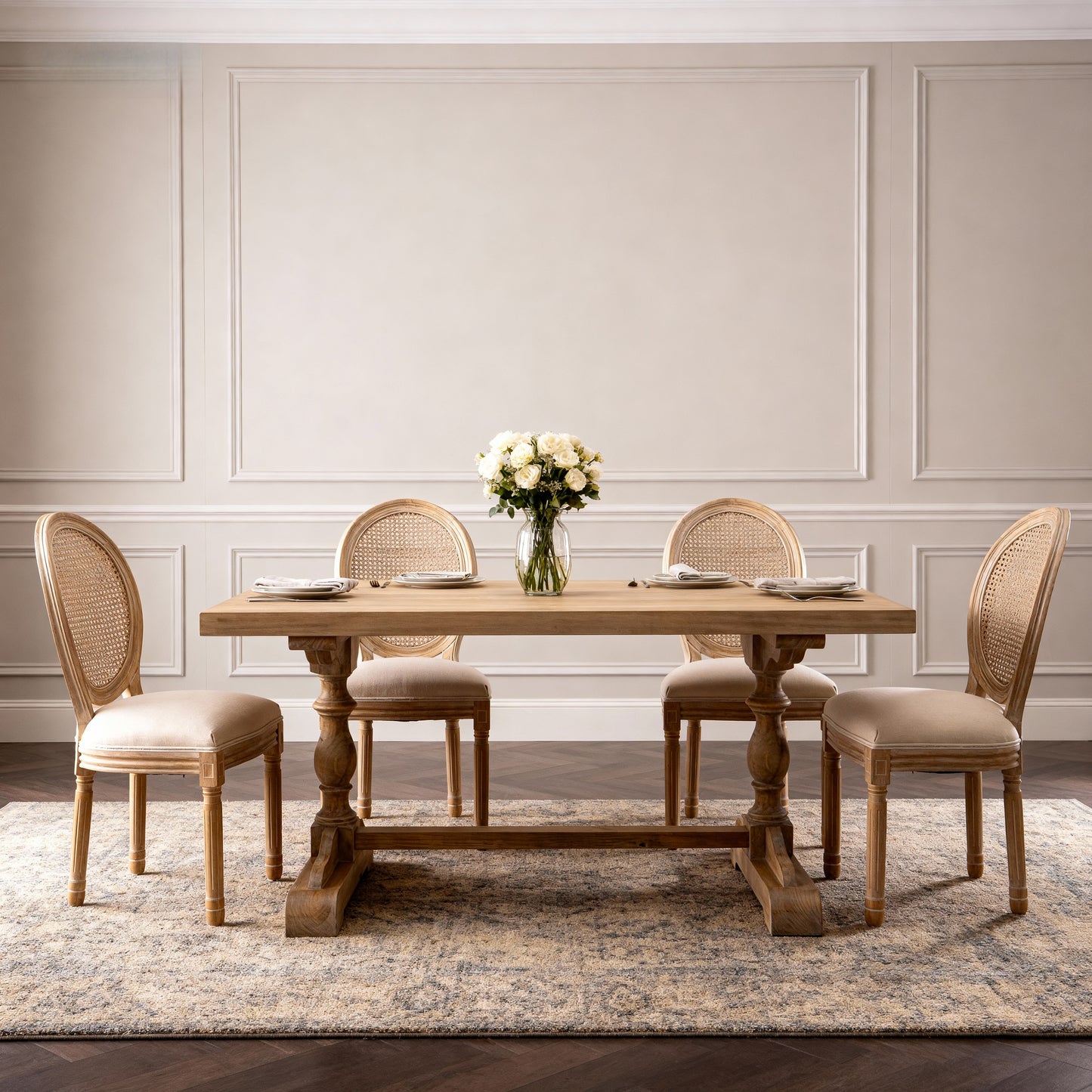 French Country Dining Chairs - Set of 2 Beige Wooden Frame