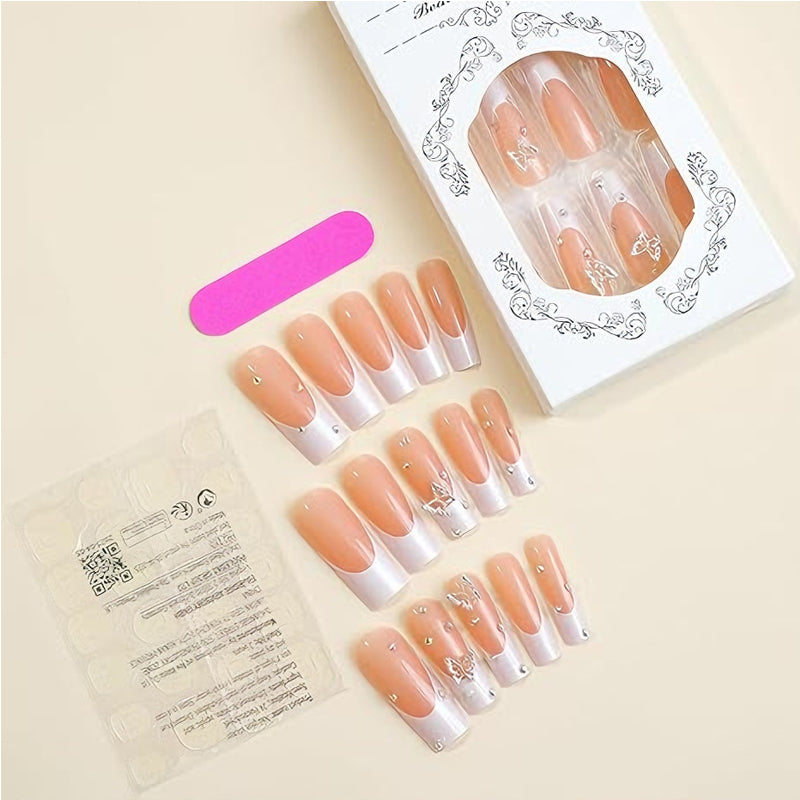 24-Piece Long Square Press-On Nails - Pink Diamond Butterfly Design