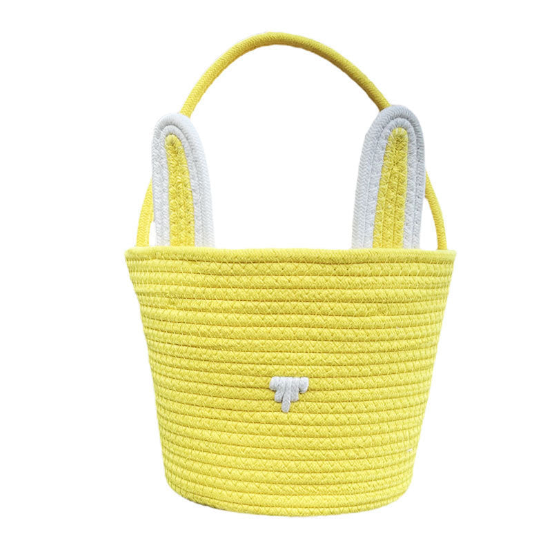 Easter Egg Handwoven Cotton Basket with Cartoon Rabbit Design – Multi-Color Storage Bag