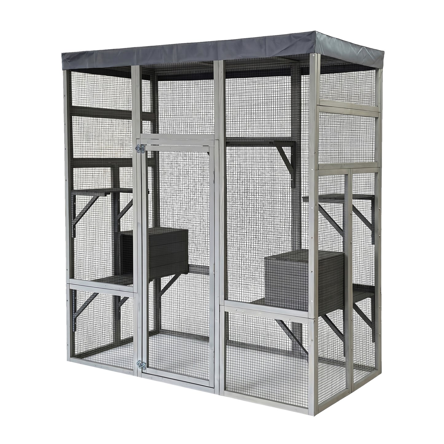 Gray Wooden Cat Enclosure with Waterproof Top, 2 Napping Boxes, Spacious & Secure