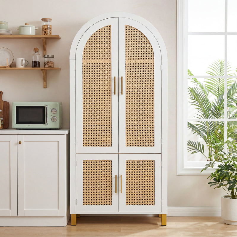 White Arched Rattan Cabinet with Adjustable Shelves - 4 Doors