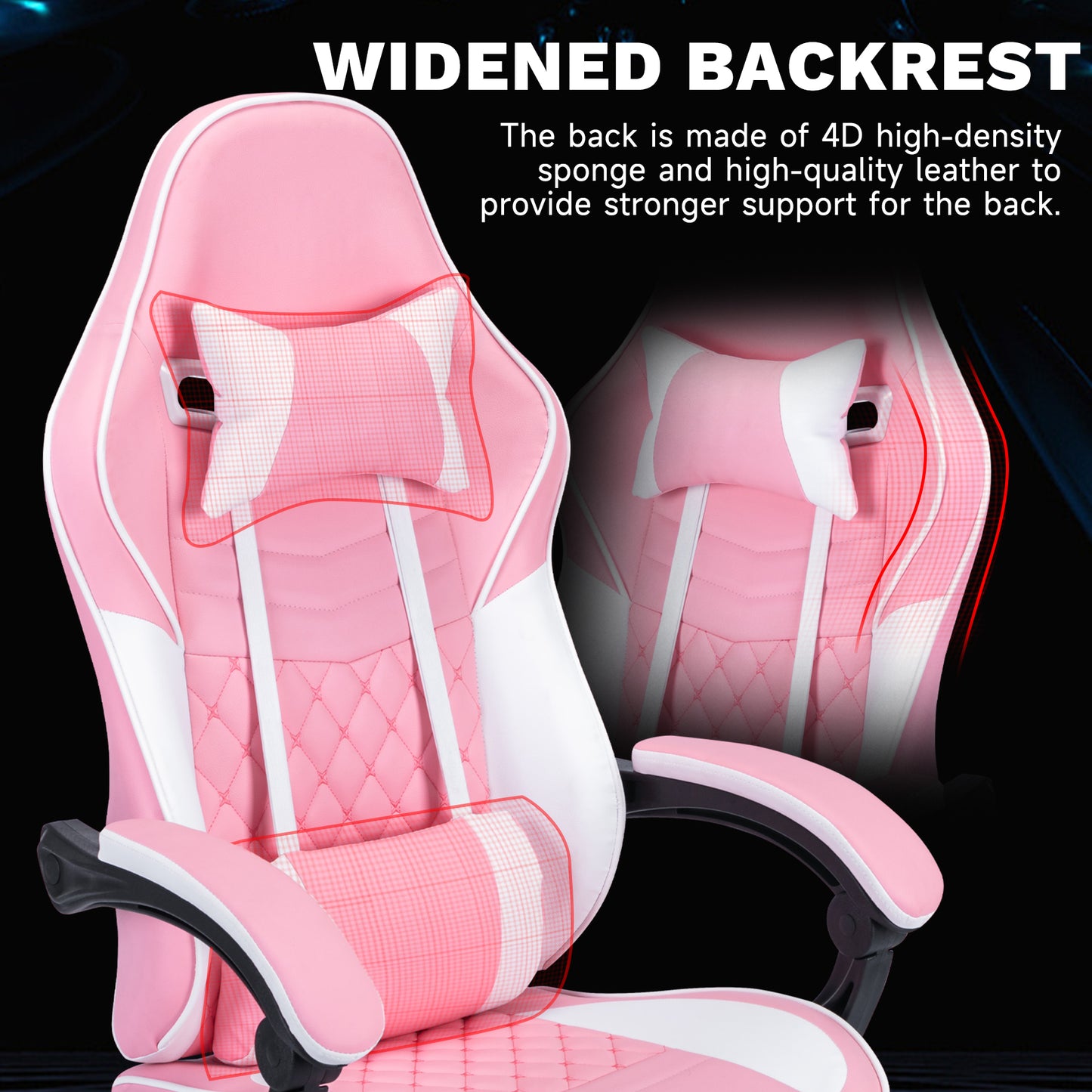 Ergonomic Gaming Chair with Massage Lumbar Support & Footrest - Pink & White