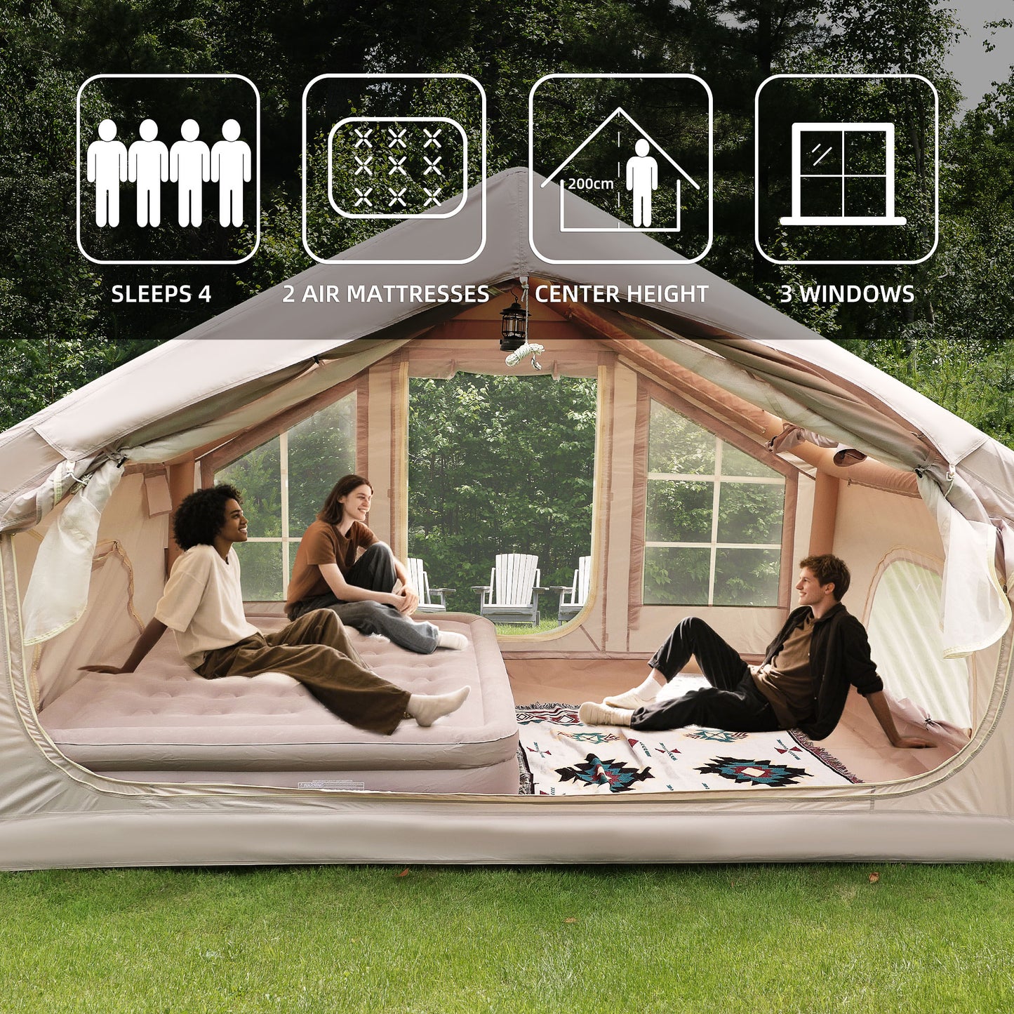 Inflatable Camping Tent with Canopy - 4 Season Waterproof, Beige