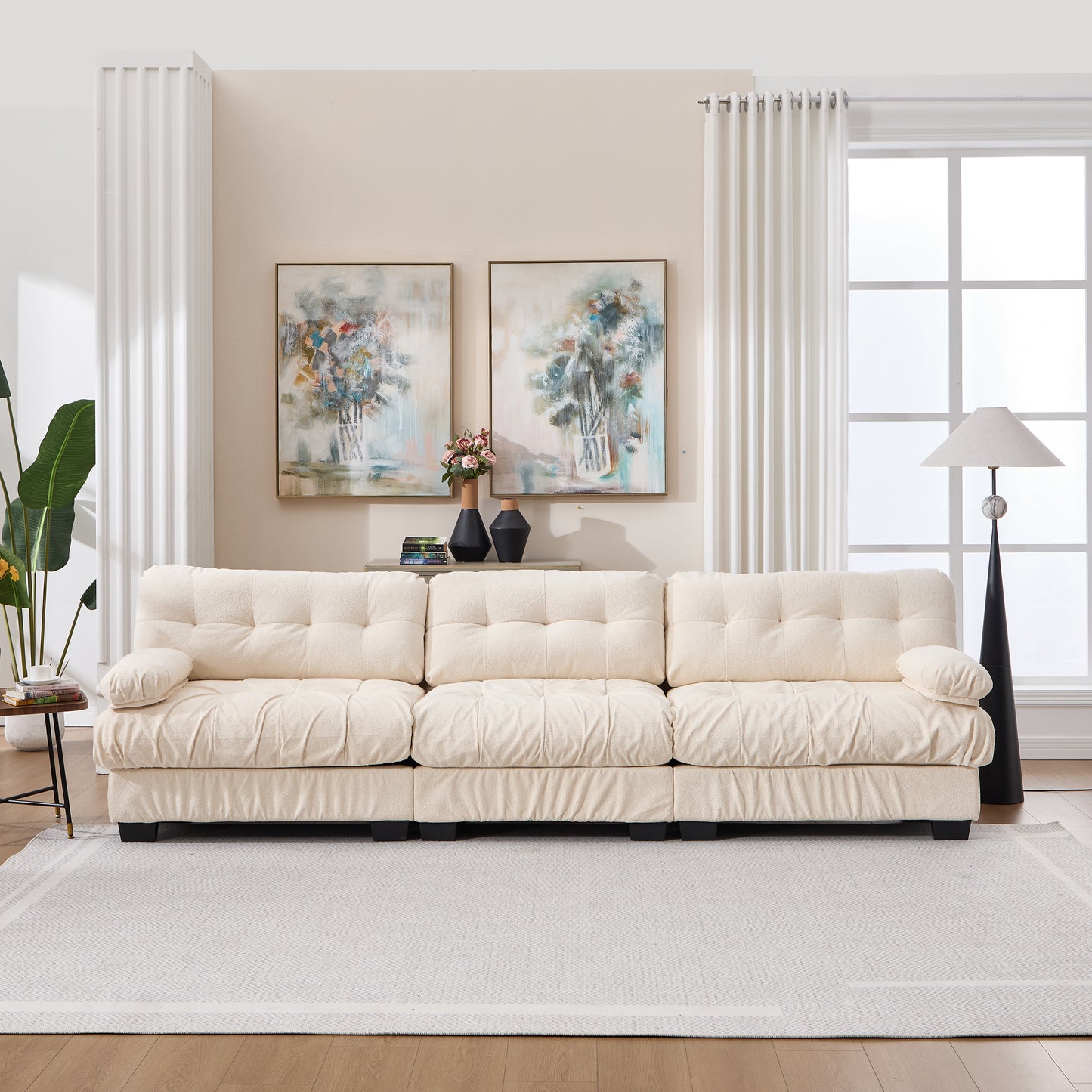 Modular Sectional Sofa - 3-Seater Cloud Couch with 5 Pillows - Beige