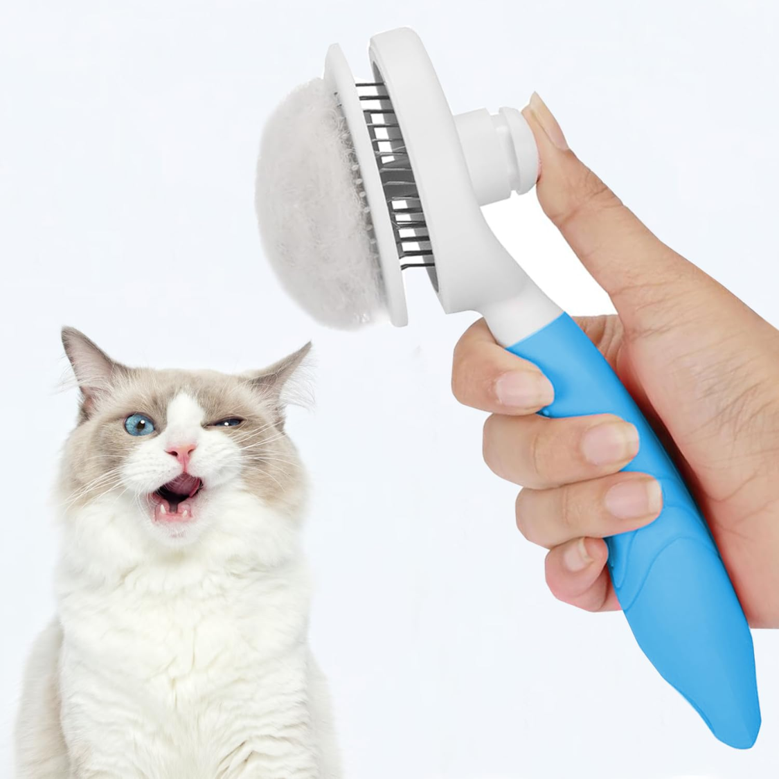 Self Cleaning Slicker Brush for Pets - Deshedding Grooming Tool for Cats, Dogs, Rabbits, Blue