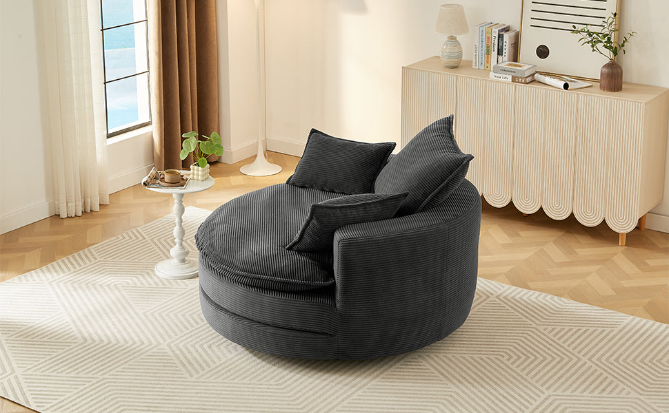 Oversized 360° Swivel Chair with Dual-Layer Cushions - Black