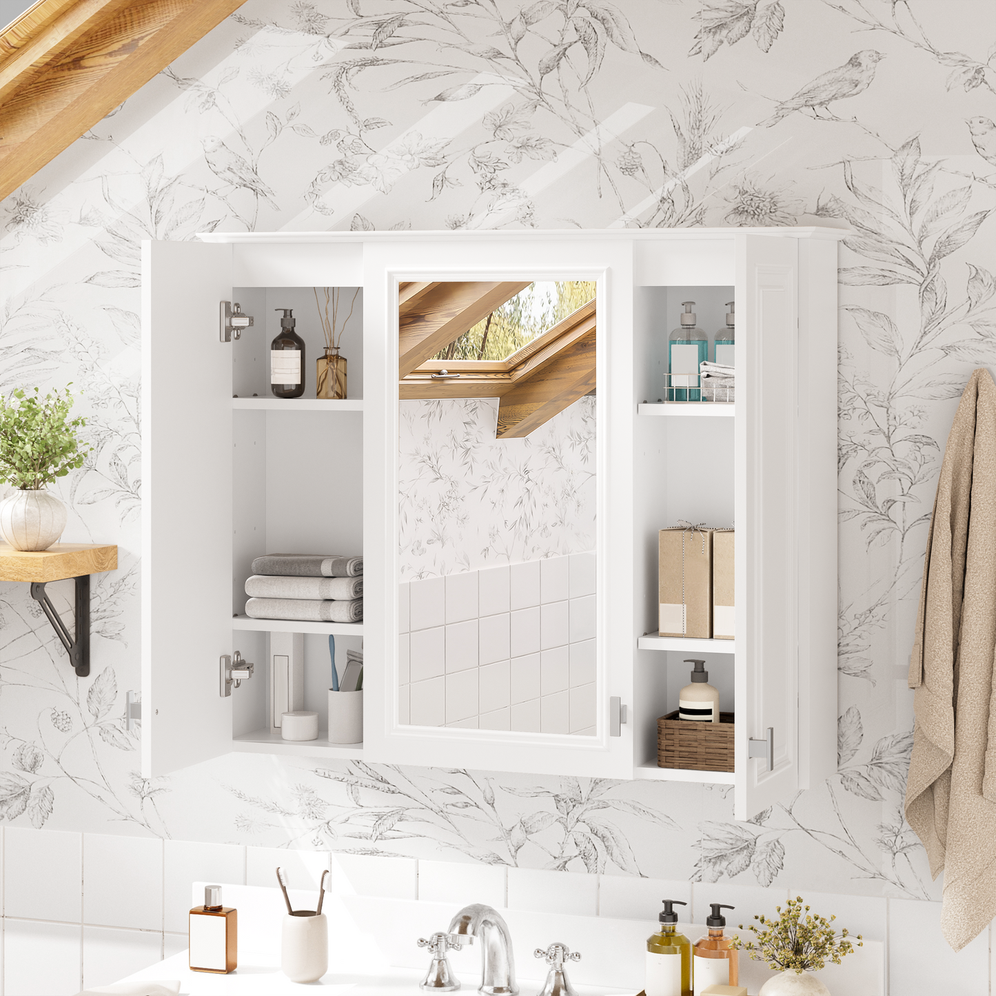 35-Inch Wall-Mounted Bathroom Cabinet with Mirror & 5 Shelves